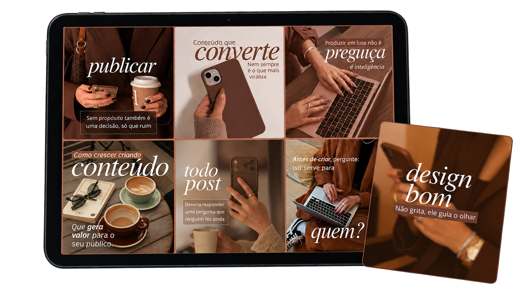 Tablet preto com mosaico de conteudo 1